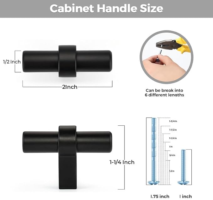 15 Pack Matte Black Cabinet Knobs - Kitchen Cabinet Knobs Black Cabinet Pulls for Kitchen Cabinet Drawer Stainless Steel Dresser Knobs for Cabinet Hardware 2in Length Single Hole T Bar Knbs