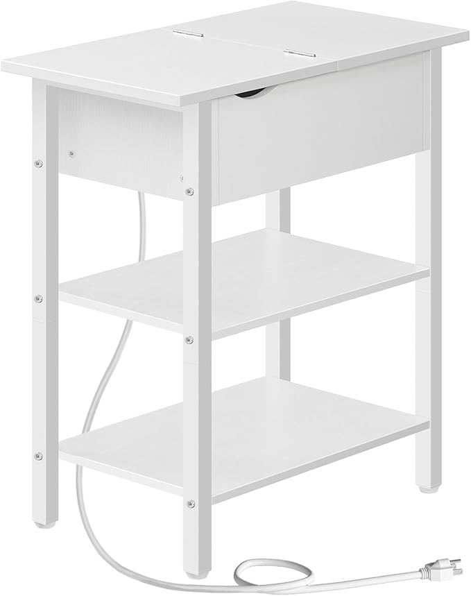 HOOBRO End Table with Charging Station, Narrow Side Table, Flip Top Nightstand with USB Ports and Outlets, Bedside Tables with Shelf for Small Spaces, Living Room, White WT341BZ01