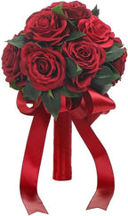 Wedding Bouquet Bride Flower Bridal Bouquets, Ribbon Artificial Rose Wedding Bouquets for Bride Bridesmaid Bouquet Dark Red Rose Bouquet Bride Bridesmaid Holding Flower for Wedding Decor
