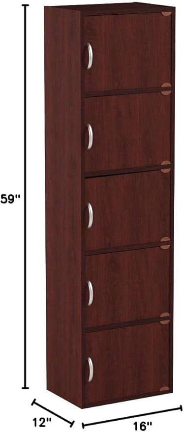 Hodedah 5-Shelf, 5-Door Bookcase in Mahogany