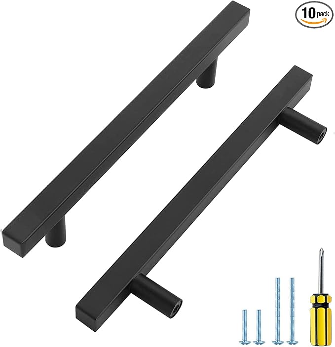 Ravinte Cabinet Handles 10 Pack - 5 Inch Matte Black Square Pulls, Modern Kitchen Hardware, 7-3/8 Inch Overall Length Drawer Pulls