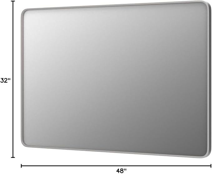48x32 Silver Bathroom Mirror for Wall, Brushed Metal Framed Bathroom Vanity Mirror, Modern Rectangle Mirror, Rounded Corners, Shatterproof (Horizontal/Vertical)