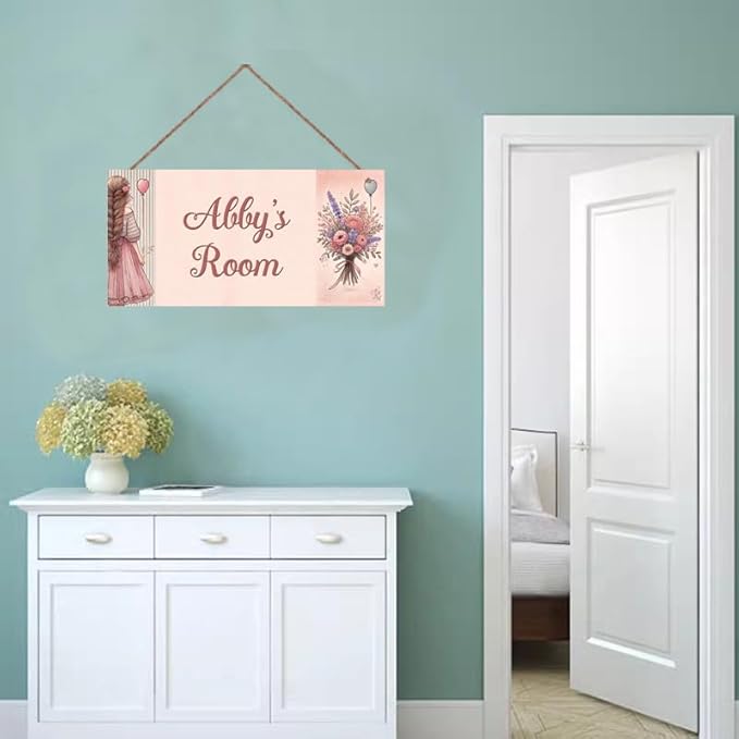 Personalized Name Sign Girl and Flowers Decor For Girls Room Baby Nursery Kids Bedroom Wood Plaque Hanging Wall Art Decor For Boys Room