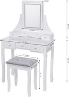 BEWISHOME Vanity Desk, Girls Vanity Set with Mirror and Lights,Small Makeup Vanity Table with 5 Drawer & Stool,Dressing Table with 3 Colors Lighting Adjustable Brightness for Girls White FST07W