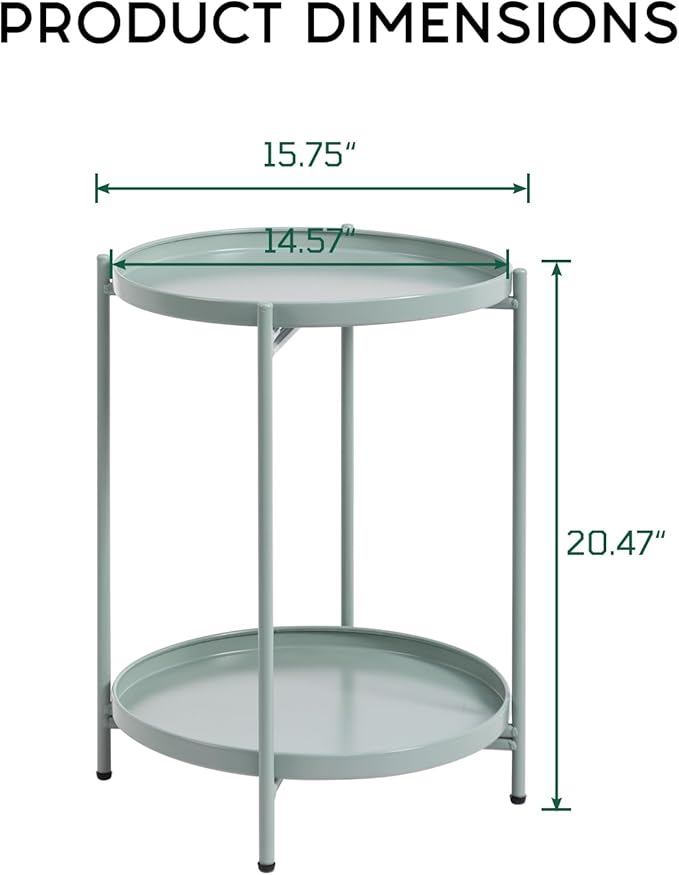 HollyHOME 2-Tier Round Side Table, Outdoor Small Folding Accent Stand with Removable Tray, Anti-Rust Metal Asional Table for Balcony Patio Living Room, Nightstand for Bedroom(Cyan Blue)
