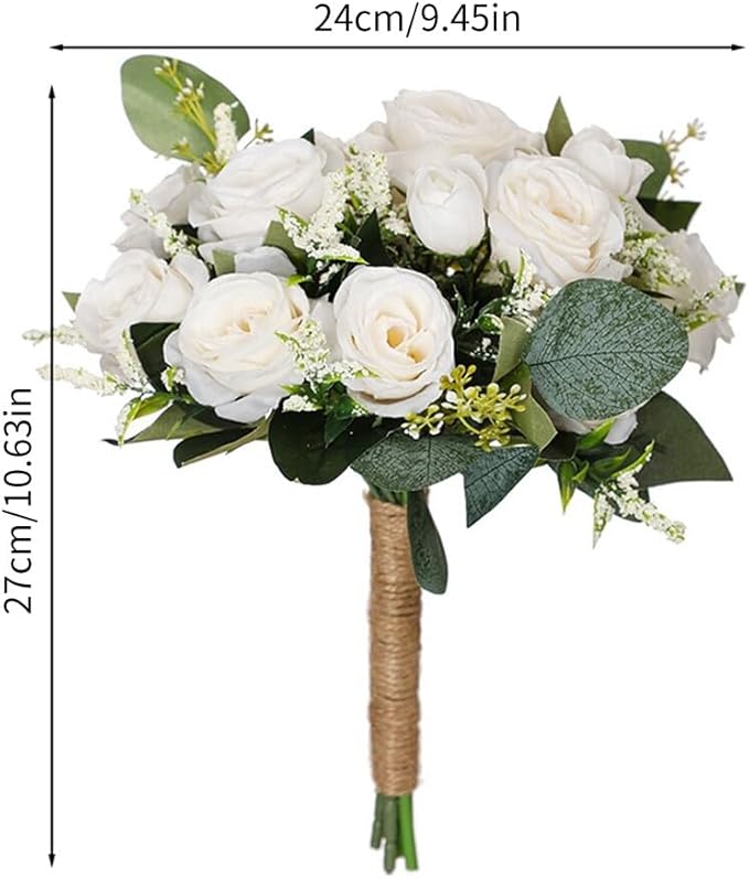 Artificial White Rose Wedding Bouquet - Faux Bride & Bridesmaid Bouquet for Wedding Decor
