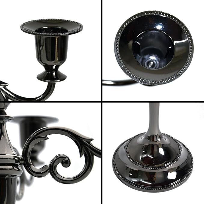 Black Candelabra Candle Holders for Pillar Candles 10.6 inch Tall, 5 Candle Candlestick Holder for 1/2-1 inch Taper Candles Halloween Candelabra Decoration Easy Assembly (Black Glossy-3 Arm)