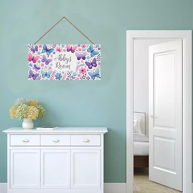 Personalized Sign Butterfly and Flowers Rerto Sign Wall Art Decor For Kids Room Custom Name Door Décor For Little Man Cave Girls Bedroom Home Kitchen Garden Yard