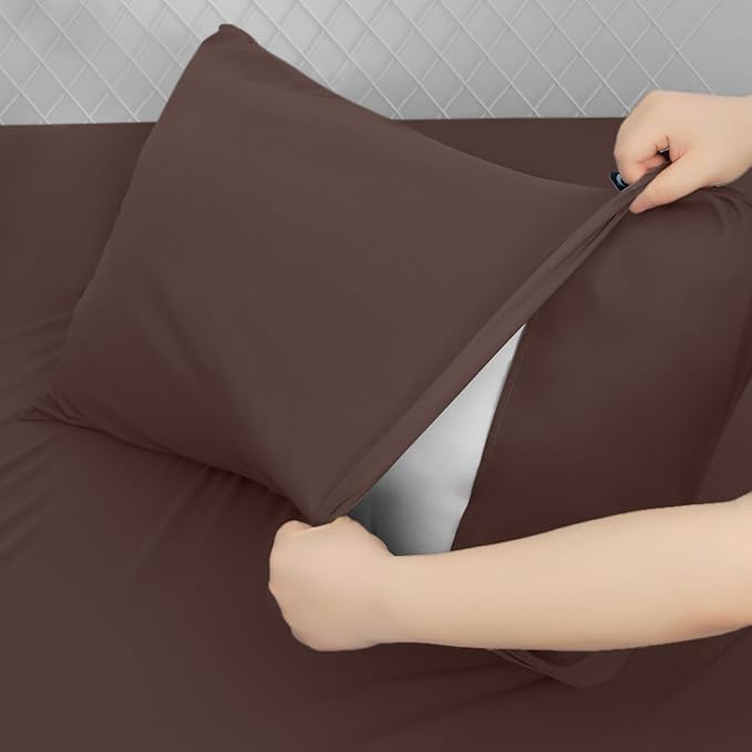 Deep Pocket Twin Sheets Set for Kids Air Mattress - Extra Deep Pocket Twin Sheet Sets - 3Pcs Side Storage Pocket Fitted Sheet & Pillowcases Easily Fits 16in to 24in Pillow Top Bed Mattress - Brown