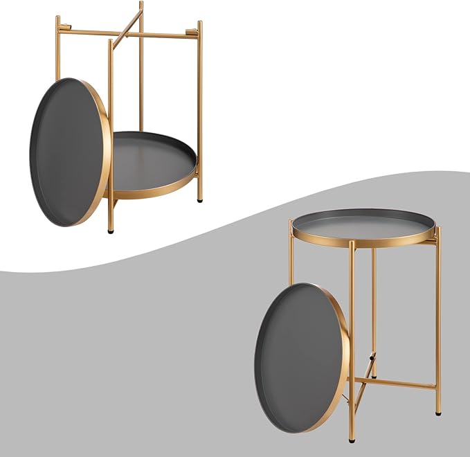 HollyHOME 2-Tier Round Gold Side Table, Outdoor Small Folding Accent Stand with Removable Tray, Anti-Rust Metal Asional Table for Balcony Patio Living Room, Nightstand for Bedroom(Gold&Grey)