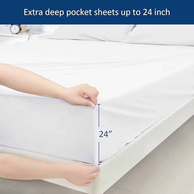 Moonsea Extra Deep Pocket Air Mattress White Sheets Twin Size - 3Pcs Side Storage Pocket Fitted Sheet & Pillowcase Twin Deep Pocket Sheet Sets Easily Fits for Kids 16in to 24in Pillow Top Air Bed