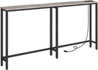 HOOBRO 63" Narrow Console Table with Charging Station, 5.9" Sofa Table with 2 Power Outlets and USB Ports, Long Entryway Tables Behind Couch Table, for Hallway, Livingroom, Greige and Black BG165UXG01