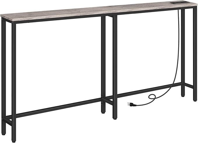HOOBRO 63" Narrow Console Table with Charging Station, 5.9" Sofa Table with 2 Power Outlets and USB Ports, Long Entryway Tables Behind Couch Table, for Hallway, Livingroom, Greige and Black BG165UXG01