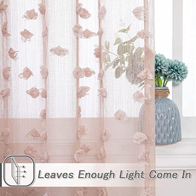 MYSKY HOME Pink Sheer Short Curtains with Pom Pom for Small Windows Dusty Rose Bedroom Nursery Kids Girls Room Curtains Cafe Kitchen Light Filtering Boho Drapes, Rod Pocket,52 x 54 Inches, 2 Panels