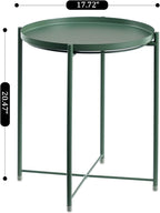 HollyHOME Round Metal Side Table, Outdoor Small Folding Accent Stand with Removable Tray, 17.72'' Portable End Table for Balconies, Gardens, Living Rooms and Bedrooms, Atrovirens