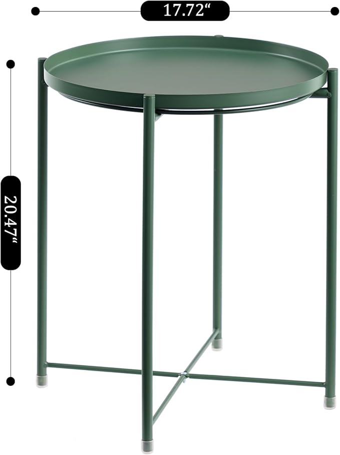 HollyHOME Round Metal Side Table, Outdoor Small Folding Accent Stand with Removable Tray, 17.72'' Portable End Table for Balconies, Gardens, Living Rooms and Bedrooms, Atrovirens