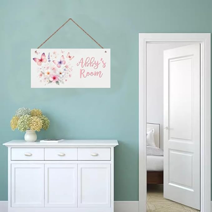 Personalized Sign - Sweet Flowers and Butterfly Door Sign & Wall Art - Nice Sign for Nursery Decor, Kids' Room Decor, Door Signs, Wall Hangers For Girls Bedroom