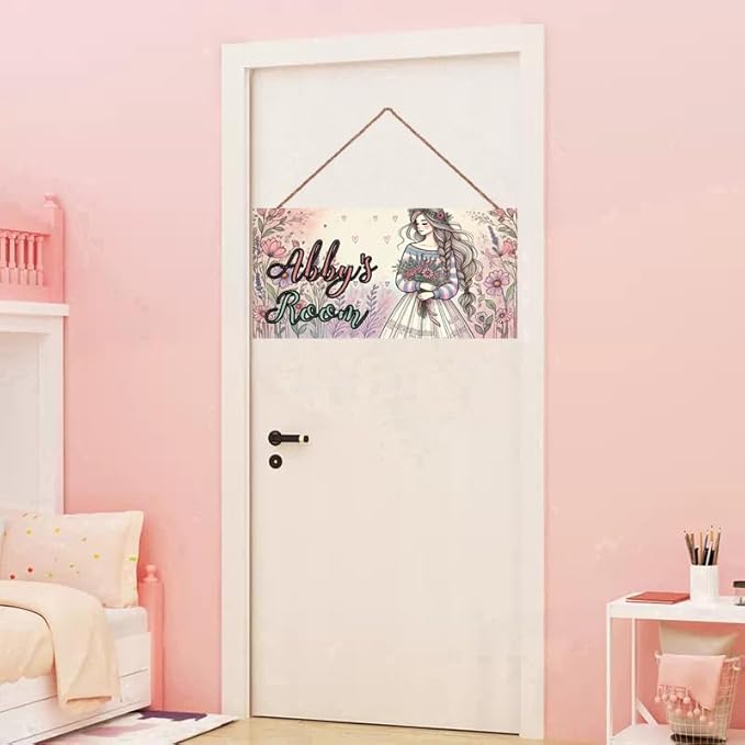 Personalized Name Door Sign Beautiful Girl Décor Wall Art Sign, Custom Name Wooden Signs Hanging Décor For Kids Room