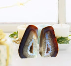 AMOYSTONE Geode Bookends Agate Shelve Decor Crystal Book Ends for Heavy Books Nature Brown with Rubber Bumper(1 Pair, 3-4 LBS)