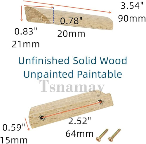 6Pcs Unfinished Wood Solid Furniture Pulls Handles,Unfinished Unpainted Paintable Wooden Handles Cupboard Closet Drawer Handle Pull,Length 3.54",Hole Dis.2.52"