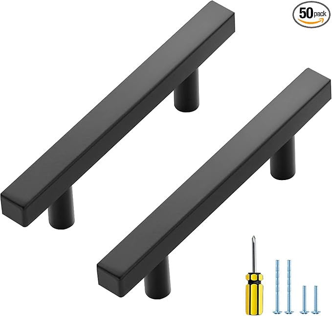 Ravinte 50 Pack Black Cabinet Handles 3 Inch Square Cabinet Pulls Matte Black Square Hardware for Kitchen Cabinets - 5 Inch Total Length