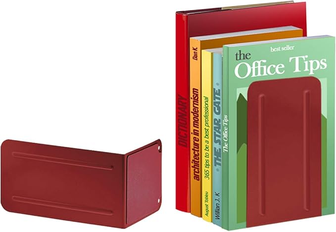 Acrimet Metal Bookends, Non-Skid Book Stand for Shelves, Heavy Duty Book Stopper, 6-7/8" H x 4" W x 4-1/2“ D, Red, 1 Pair