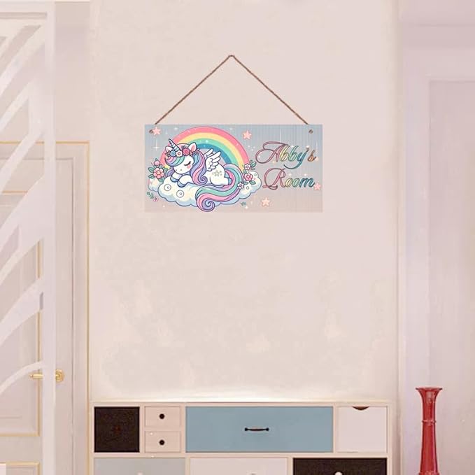 Personalized Sign Magic Unicorn Wooden Sign For Kids Room Boys Bedroom Door Decor,Custom Name Rainbow Wall Art Decor Decorative Plate for Nursery Little Man Cave