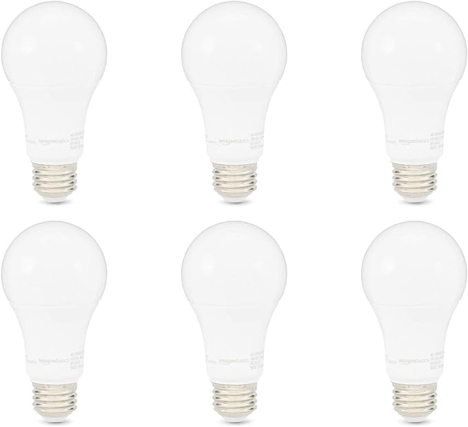Amazon Basics A19 LED Light Bulbs, 100 Watt Equivalent, Energy Efficient 15W, E26 Standard Base, Soft White 2700K, Dimmable, 10,000 Hour Lifetime , 6-Pack