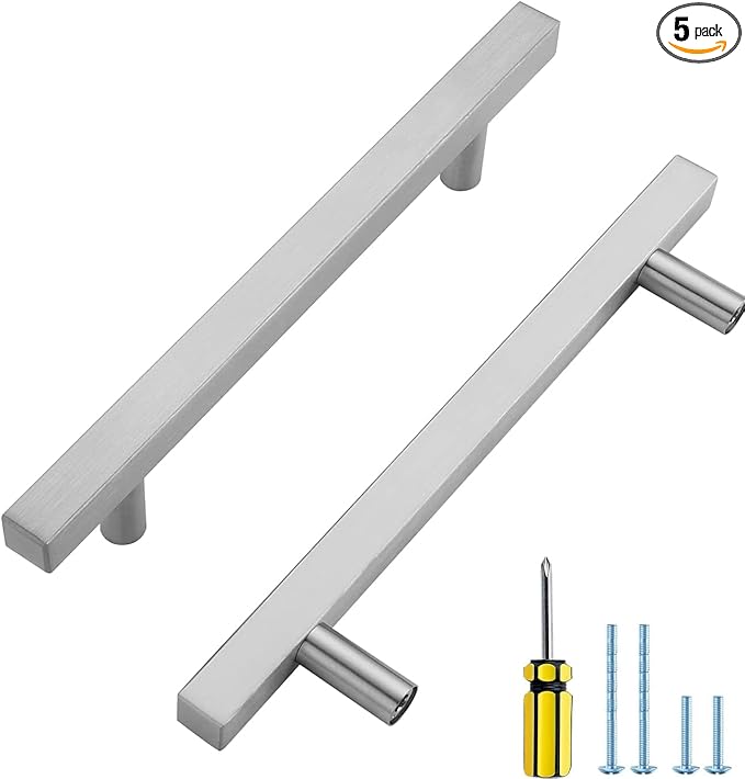 Ravinte Brushed Nickel Cabinet Handles 5 Pack 5 inch Satin Nickel Square Cabinet Pulls Silver Hardware for Kitchen Cabinets Modern Cabinet Pulls 7-3/8 inch Overall Length Stainless Steel Drawer Pulls