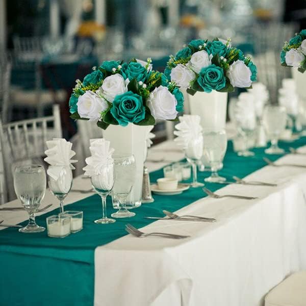 BLOSMON Teal Flowers Ball Decorations: 2 Pcs Fake Roses Flower Centerpiece for Wedding Table - Artificial Silk Kissing Bouquet Floral Arrangement for Home Party Event Decor
