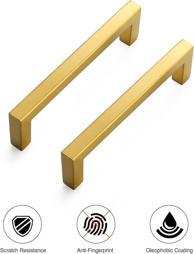 Ravinte 10 Pack Solid Gold Kitchen Cabinet Handles Slim Drawer Pulls with 3-3/4 Inch Hole Center Square Bar Cupboard Hardware