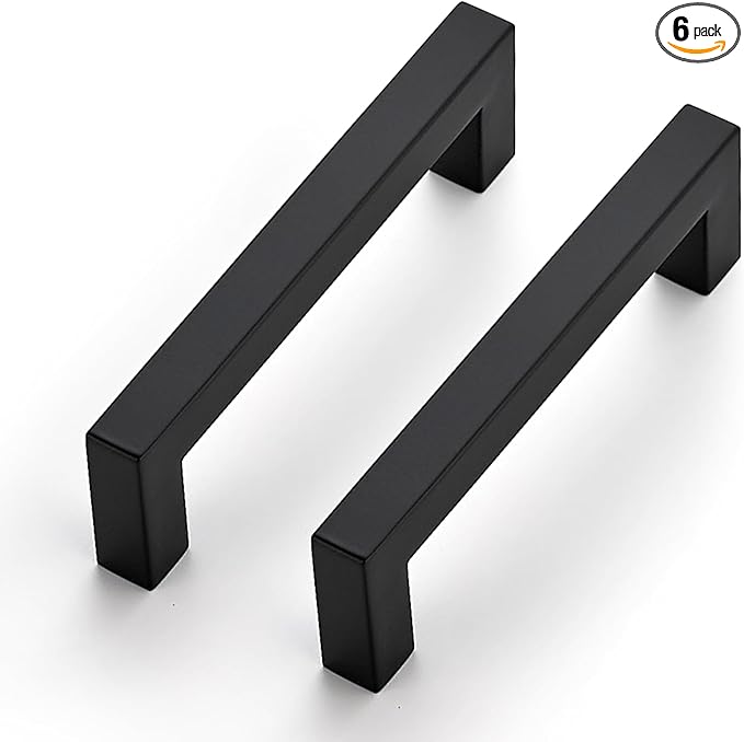 JOY DECOR 6 Pack Cabinet Handles, Black Cabinet Pulls, 3-3/4 Inch Kitchen Closet Handles Square Drawer Pulls Stainless Steel Drawer Hardware, 96mm Hole Centers