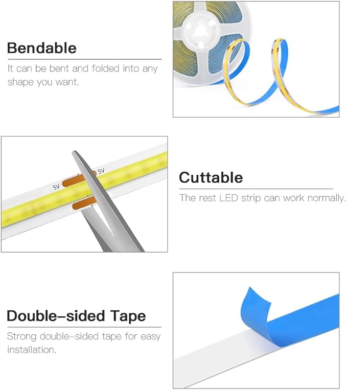 A 5V USB LED Light Strip, COB LED Strip Lights, White 5V LED Lights, Small LED Strip Light, TV Lights for TV Under Cabinet Kitchen Living Room Shelving or Displays (White, 3.28ft)
