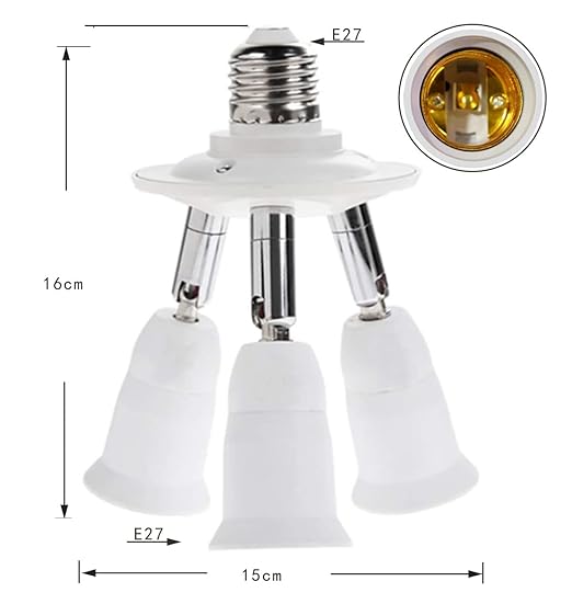 3-in-1 Light Socket Extender, E26/E27 to 3 Bulb Adapter with Adjustable Arms, 360° Rotatable for Ceiling Fan/Lamp Holder, UL Listed, Extension Splitter Without Power Switch(White)