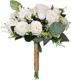 Artificial White Rose Wedding Bouquet - Faux Bride & Bridesmaid Bouquet for Wedding Decor