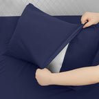 Deep Pocket Twin Sheets Set for Kids Air Mattress - Extra Deep Pocket Twin Sheet Sets - 3Pcs Side Storage Pocket Fitted Sheet & Pillowcases Easily Fits 16in to 24in Pillow Top Bed Mattress - Navy Blue