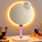 9.65-inch Lighting Makeup Mirror, 1x / 10x, Touch Control, 3-Color Adjustable, Metal Stand, up and Down Adjustable Makeup Mirror,High Color Rendering, Eye-Protecting Light Source,Pink