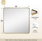 ANDY STAR 36x36 Inch Gold Bathroom Mirror, Brushed Gold Square Mirrors for Wall in Anti-Rust SUS304 Tube Metal Frame, Rounded Mirrors 1’’ Deep Wall Mounted Vertically/Horizontal