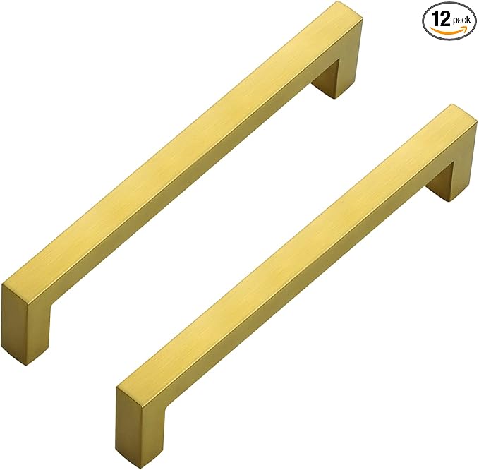 Ravinte 12 Pack 6-1/4 Inch Kitchen Square Cabinet Handles Brushed Brass Pulls Gold Drawer Pulls Kitchen Cabinet Hardware for Cupboard Drawer Handles