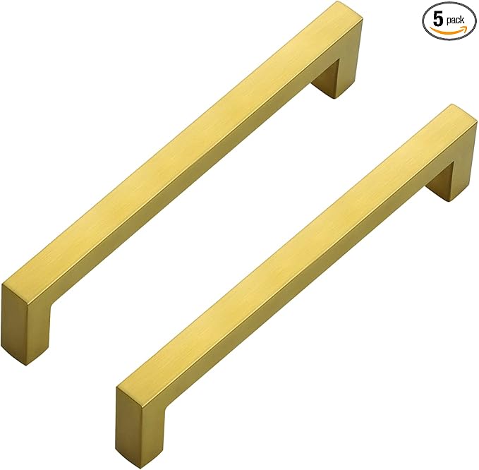 Ravinte 5 Pack 6-1/4 Inch Kitchen Square Cabinet Handles Brushed Brass Pulls Stainless Steel Drawer Pulls Kitchen Cabinet Hardware Handles