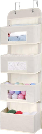 MAX Houser 4-Shelf Over The Door Hanging Organizer with 2 Metal Hooks, 4 Pocket Swing-Proof Behind Door Organizers with Clear Windows for Nursery Bathroom Closet,Dorm,Baby Diapers, Kids Toys (Beige)