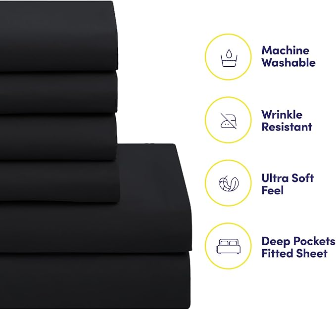 King Size Comforter Set with Sheets - 7-Piece Bedding Collection - 1 Comforter, 1 Fitted Sheet, 1 Flat, 4 Pillowcases - Deep Pocket - Soft & Breathable Premium Quality - Ideal for All Seasons, Black