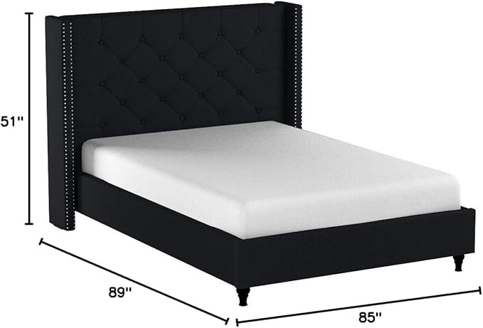 Home Life Premiere Classics Cloth Black Linen 51" Tall Headboard Platform Bed with Slats King - Complete Bed 5 Year Warranty Included 007