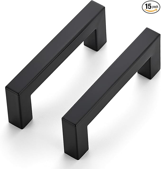 JOY DECOR 15 Pack Cabinet Handles, Black Cabinet Pulls, 3 Inch Kitchen Closet Handles Square Drawer Pulls Stainless Steel Drawer Hardware, 76mm Hole Centers