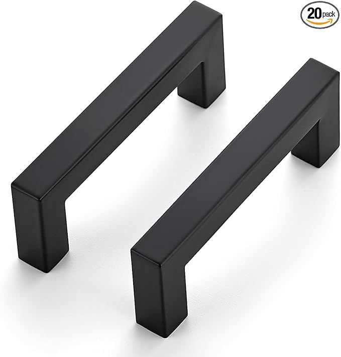 JOY DECOR 20 Pack Cabinet Handles, Black Cabinet Pulls, 3 Inch Kitchen Closet Handles Square Drawer Pulls Stainless Steel Drawer Hardware, 76mm Hole Centers