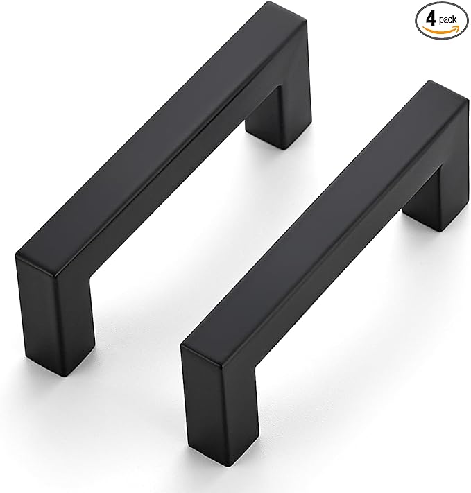JOY DECOR 4 Pack Cabinet Handles, Black Cabinet Pulls, 3 Inch Kitchen Closet Handles Square Drawer Pulls Stainless Steel Drawer Hardware, 76mm Hole Centers