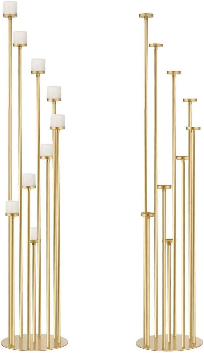 2pcs 9 Arm Candelabra,Floor Candle Holders Tall Set for Wedding Aisle Decoration,Gold Candelabras for Fireplace,Candle Stand Fit for Flameless or Wax