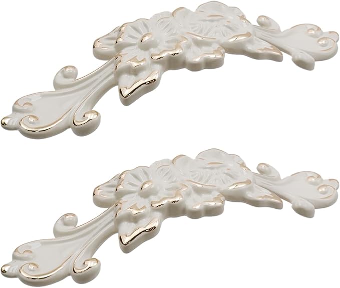 2Pcs Euro Rose Decorative Cabinet Pull Handles Ivory Drawer Pull Handles Vintage Kitchen Zinc Alloy Flower Drawer Dresser Vanity Nightstand Cupboard Wardrobe Pull Handles, 3.78" Hole Center