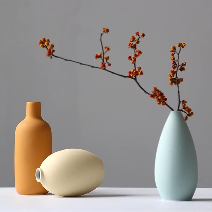 Abbittar Ceramic Vase Set of 3, Minimalist Flower Vase for Rustic, Modern Farmhouse, Living Room, Shelf, Table, Bookshelf, Mantel and Entryway Decor - Multicolor