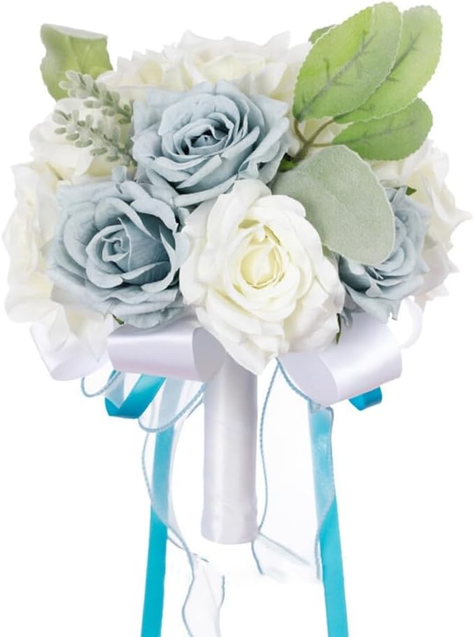 Artificial Rose Wedding Bouquets - Ribbon Faux Bridal Bouquets for Bride & Bridesmaid - Holding Flower for Wedding Decor